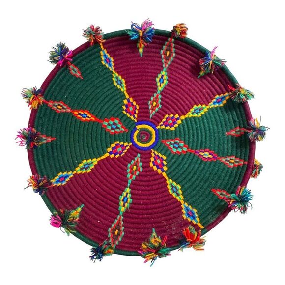 Handwoven Colorful Rope Basket Tray Tassels 17” Bohemian Storage Arican Rainbow - Picture 2 of 5
